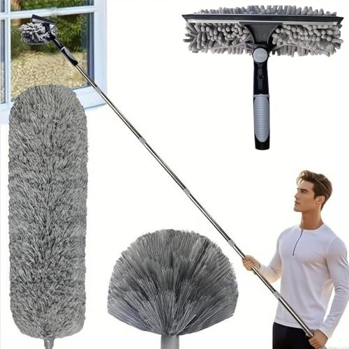 High-Reach Cleaning Kit with Telescopic Extension Pole, 6m Dusting Set for Ceiling Fans, High Walls – Includes 10 Microfibre Duster Head & Long Handle for Cobweb Removal (Grey)