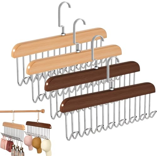 OZNXWRYY Organizer Armadio da Appendere 4 Pezzi Appendiabiti in Legno Naturale Ganci Girevoli 360° 8 U-Ganci Salvaspazio per Vestiti Accessori Cinture Foulard Cameretta Dormitorio