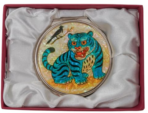 February Mountain Mother of Pearl Compact Mirror – Dual Magnification Gift for Women, Mom, Sister – Birthday or Christmas Idea (1, Blue Tiger & Magpie)
