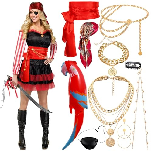 Piratenkostüm Damen Zubehör Set mit 9 Stück Piraten Pirate Accessories Augenklappe Rotes Piratentuch Kopftuch Schmuck Haarschmuck Armband Ohrringe Kette piratin kostüm Frauen Mädchen Karneval Fasching
