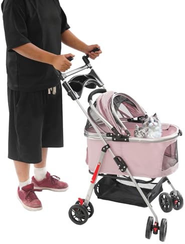 HUOMMGS Hundewagen Faltbarer Hundebuggy Bis 12KG Katzenwagen mit 2 Universalräder, 2 Rad mit Bremsen 101-109cm Höhenverstellbar Haustierwagen Hunde Wagen für Parks, Tägliche Ausflüge (Sakura-Rosa)