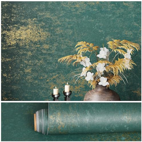 VEELIKE Distressed Teal Gold Metallic Wallpaper for Kitchen Green Gold Concrete Wallpaper Self Adhesive Wall Paper for Bedroom Living Room Vinyl Wrap for Furniture Waterproof Removable 40 cm x 300 cm