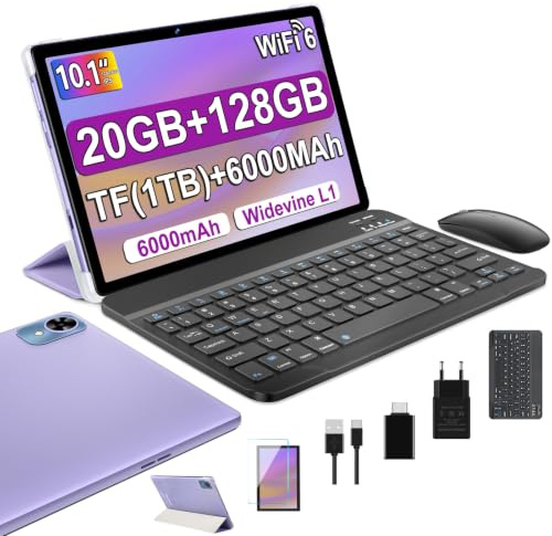 fezawio 10 Zoll Tablet Android, 20GB RAM+128GB ROM, Octa-Core, Widevine L1, 5G WLAN6, Tastatur+Maus,Lila