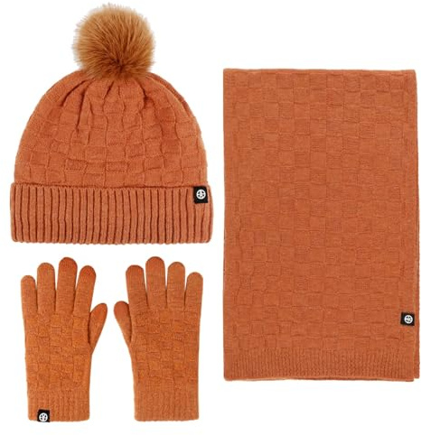 2026 Wintermütze für Paare, warm, Mütze, Schal, Handschuhe, dreiteilig, kariert, Strickflor