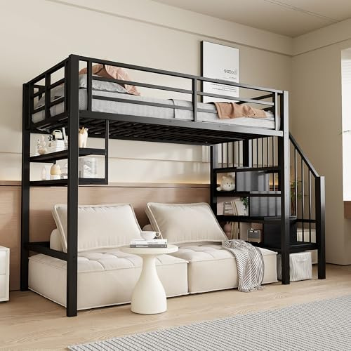 BXEYXE Hochbett, 90 * 200cm, Einlegeböden, Stauraumleiter, Freiraum unter dem Bett zum Verkleiden, Geländer, ohne Matratze, Schwarz