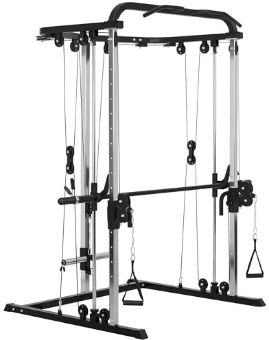 Sportnow Stazione per sollevamento pesi, stazione per trazioni a cavo, con supporto per squat, barra, cavo Cross-Over, altezza regolabile, struttura in acciaio, per allenamento a casa, nero