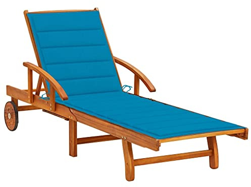 Mandloder Sonnenliege Akazie Massivholz mit Blauer Auflage, Verstellbarer Liegestuhl auf Rollen, robuste Gartenmöbel für Außenbereich, bequemer Strandstuhl, Relaxmöbel
