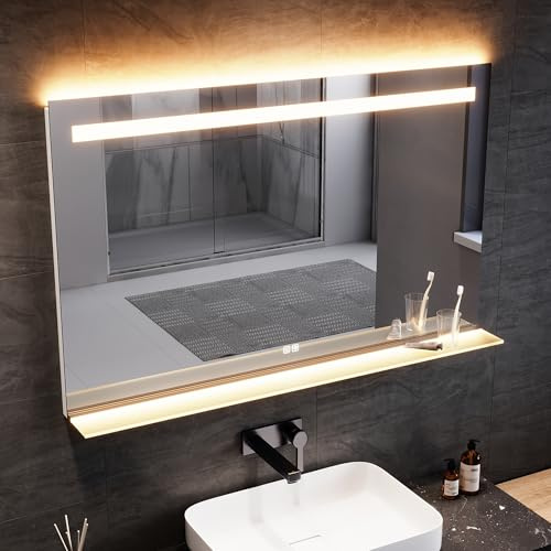 SONNI Miroir de salle de bain LED avec étagère 140 x 85 cm, miroir tactile avec prise, 3 couleurs de lumière, fonction anti-buée et fonction de mémoire