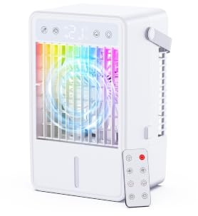Portable Air Cooler with Remote Control 1.5L Tank, Quiet Cooling Portable Air Conditioner, Air Conditioning Unit 5 Wind Speeds & 3 Modes, 2-10H Timer 7 LED Lights, USB Powered for Bedroom Camping