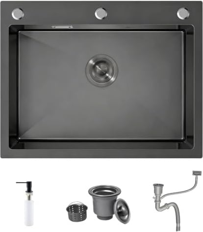 Fregadero Cocina Negro 65x50cm Acero Inox Empotrable Profundo 3 Agujeros | con Dispensador de Jabón y Sifón, para Cocinas Pequeñas, Bares y Restaurantes