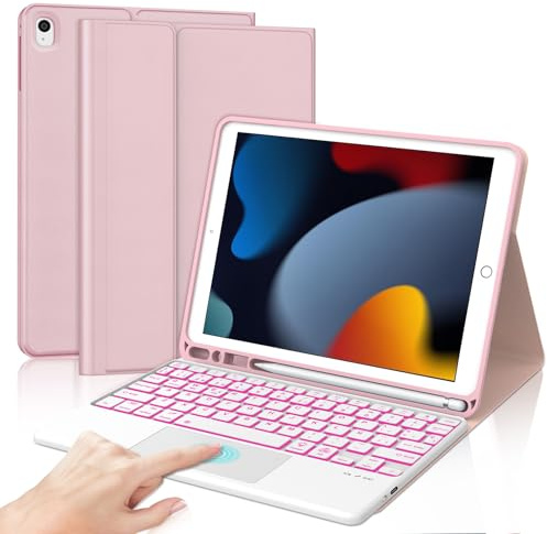 Funda Teclado para iPad 9/8/7 Generacion 10.2/Air 3/iPad Pro 10.5 10.5 | Capa Keyboard Touchpad Retroiluminación Bluetooth Magnético, QWERTY Español Ñ, Desmontable con portalápices, Rosa claro