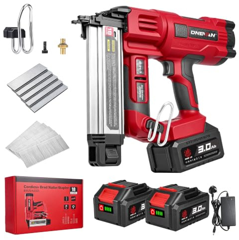 ONEVAN 18GA Nail Gun Cordless, Brad Nailer Staple Gun with 2X 3.0Ah Battery | 40+ Mins Runtime, 15mm-50mm Nailing Range, 120 Shots/Min, Low Nail Jam, Depth adjustable, 1000pcs Nails, for Woodworking