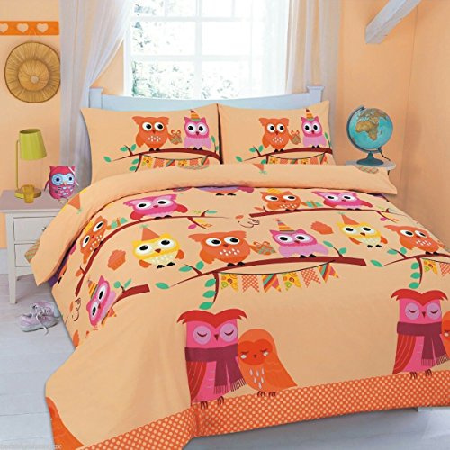 Goldstar® Cute Owl Cot Bed Size Duvet Quilt Cover Printed Bedding Set With Pillow Case (Peach)