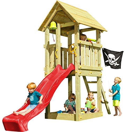 Blue Rabbit 2.0 Spielturm KIOSK mit Rutsche Kletterturm Glocke Sandkasten Lenkrad Piratenflagge Teleskop und Holzdach (Podesthöhe 1,20 m, Rutsche ROT)