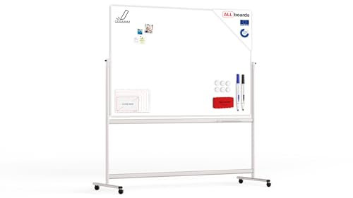 ALLboards Tableau Blanc Emaillé Mobile Double Face Magnétique Effaçable à Sec avec Cadre en Aluminium 180x120cm, Tableau Blanc Mobile Rotatif Whiteboard Tableau Blanc en Porcelaine