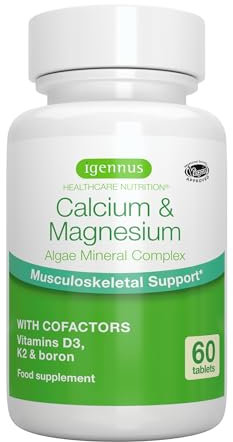 High Absorption Algae Calcium & Magnesium Supplement, Plus Vitamin D, K2 & Boron, Clean Label & Plant Based, Non-GMO Algae Mineral Complex for Bone & Teeth Support, Vegan, 60 Tablets, by Igennus