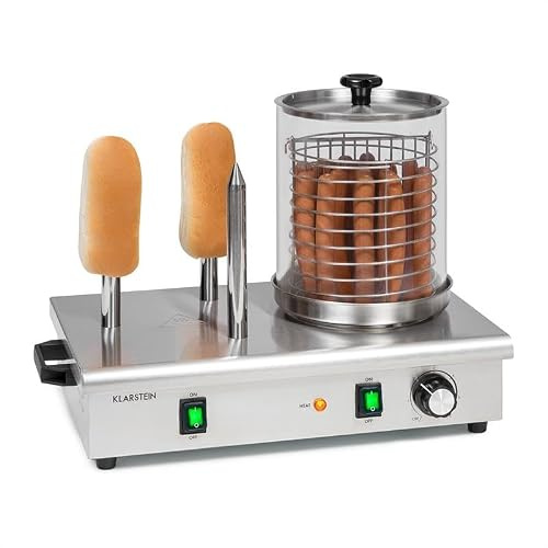 Klarstein Wurstfabrik Pro 600 Hot Dog Maker, 600 W, 3 Heating Spikes, Thermostat 30-100 °C, Glass Cylinder Ø 20 cm, Stainless Steel cage Ø 17 cm, Professional Sausage Cooker, Silver