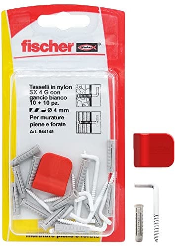 Fischer Tasselli SX 4 G con Gancio Appendiquadro Bianco in Blister, 10 Pz, 544145, Bianco, 4 mm