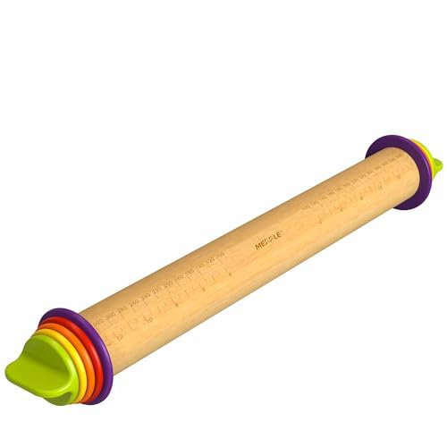 Mepple Adjustable Rolling Pin with Thickness Rings for Fondant, Pizza, Pie Crust, Cookie, Pastry, Roller Rod for Dough Thickness, Rolling Pin for Baking, Wood Rolling Pin 13.6 with 4 Thickness Rings