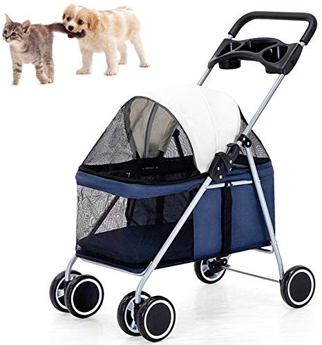 PJDDP 4 Hundebuggy Für Hunde Und Katzen, Faltbarer Hundewagen, Hunde Jogger Buggy Katzen Wagen,Haustier Transportwagen, Tiere Wagen, Buggy Stroller - Bis 15 Kg,Blau