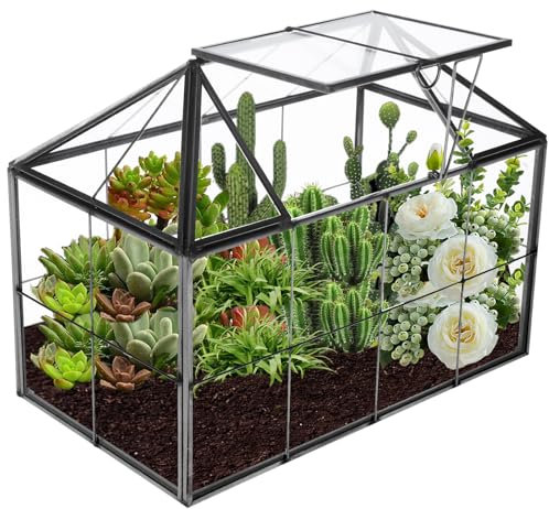 HighFree 23,4 cm großer geometrischer Terrarium-Pflanzgefäß, Hausform, schwarz, handgefertigte Glasbox, Vintage-Tisch-Miniatur-Blumentopf für Sukkulenten, Kakteen, Luftpflanzen (Stil 2)