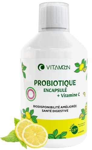 Probiotique encapsulé à boire avec vitamine C - Ferments Lactiques 10 Mds d’UFC - 4 Souches Exclusives dont Lactobacillus - Digestion & Immunité - 500ml