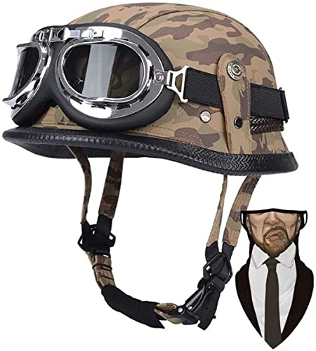 Asque De Moto Vintage Cuir avec Visière Lunettes Retro Style Allemand Certifié ECE Casque Jet Casque Moto Bols pour Homme Et Femme Adultes Demi-Casques