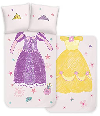 Disney Home Princess Bettwäsche-Set für Kinder - Prinzessin Belle und Rapunzel - wendbar, mit Reißverschluss, 100% Renforce Baumwolle - 2-teilig - Deckenbezug 135 x 200 cm, Kissenbezug 80 x 80 cm