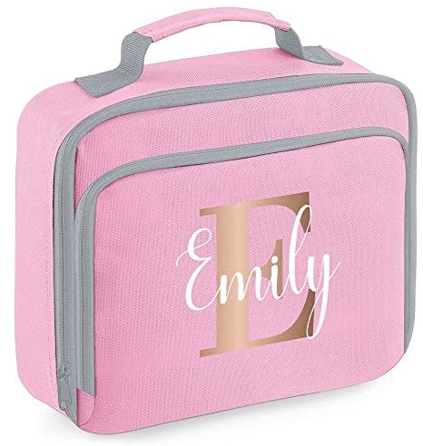 Rose Gold Initial Personalised Lunch Bag for Nursery Back to School Starters All Ages Little Girls Lunch Time Food Storage, 24cm x 20cm x 8cm, Pink