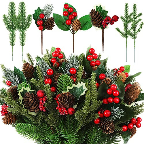 60 Stück künstliche grüne Tannennadeln, Weihnachtsblumen-Plektren, künstliche Stechpalmen, rote Beeren, Zweig, Stiel, Kiefer, verschneite Zweige, Girlande, Urlaub, Winter (Charming Stil)