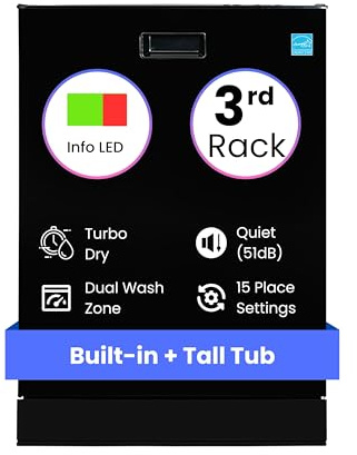 Equator 24″ Built-In Dishwasher with 3rd Rack – Top Control, 15 Place Settings, 8 Wash Cycles, Energy Star, Quiet 51 dB in Black