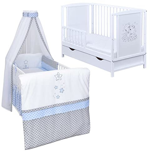 Generisch Baby Delux Babybett Komplett Set Mia umbaubar zum Juniorbett weiß 120x60 Matratze Schublade Schutzgitter Bettset Premium (Magic Stars Blau)