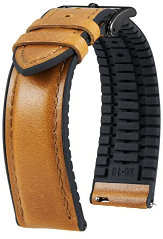 BINLUN Bracelet Montre en Cuir 22mm 21mm 20mm 19mm 18mm 16mm 14mm Cuir Ciré à l'huile et Silicone Hybrid Bracelets de Montre à Dégagement Rapide pour Homme Femme(21mm,Marron Clair Boucle Noir)