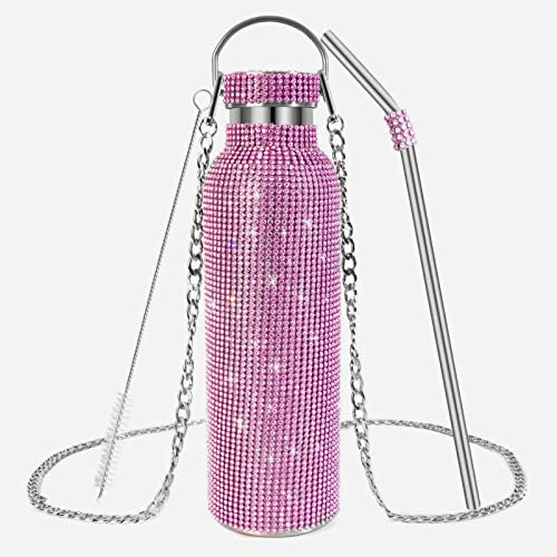 INSTOME Funkelnde Diamant-Wasserflasche, 750 ml, glitzernde Wasserflasche mit Kette, glitzernde Wasserflasche mit Strasssteinen, Glitzer-Wasserflasche für Frauen und Mädchen (rosa, 750 ml)