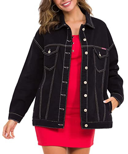 Cipo & Baxx Damen Jeansjacke Oversize Lang Denim Frezeitjacke WJ211 Schwarz L