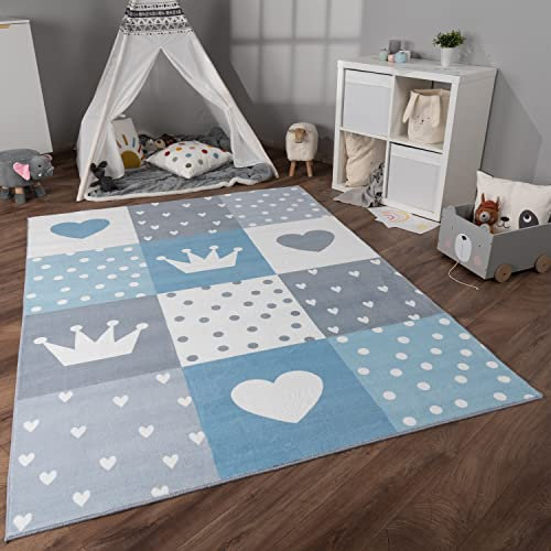 Paco Home Teppich Kinderzimmer Kinderteppich Spielteppich Kurzflor rutschfest Krone Herzen Punkte Sonne Regenbogen Buchstaben, Grösse:160x220 cm, Farbe:Blau