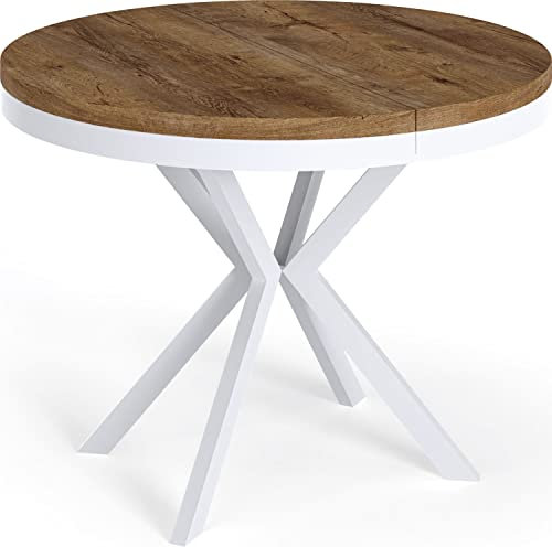 WFL GROUP Runder Ausziehbarer Esstisch - Loft Style Tisch mit Weißen Metallbeinen - 100 bis 180 cm - Industrieller Tisch für Wohnzimmer - Kompakt - 100 cm - Lefkas Eiche