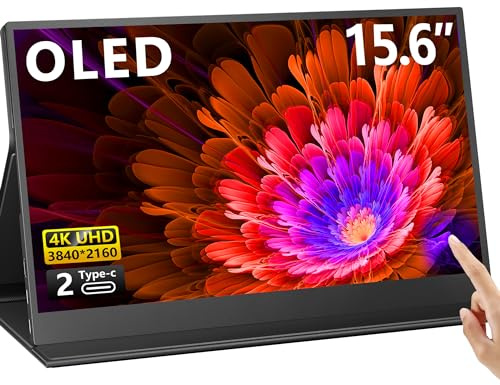 OLED Touch Screen Monitor, 15.6 4K 60Hz IPS Portable Laptop Monitor, Second Monitor Dual USB C HDMI Computer Gaming Display with Speakers & Smart Cover, Travel Monitor for PC Phone PS4/5 Xbox Switch