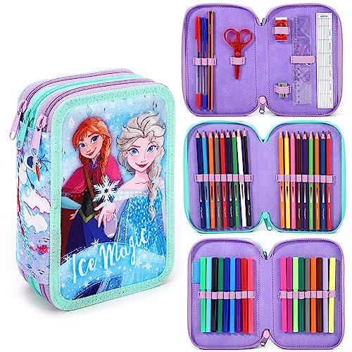 Estuche de lápices relleno de Frozen grande, juego completo de papelería, suministros escolares para niños, 3 niveles con bolígrafos, lápices y marcadores, estuche de película Elsa y Anna Frozen,