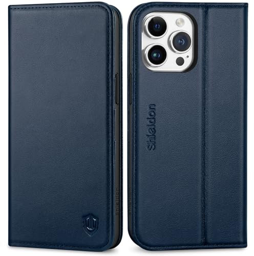 SHIELDON Hülle für iPhone 15 Pro Max, Stoßfeste Schuzhülle [Rindsleder] [Kartenfach] [Verdichtes TPU] Magnetische Handyhülle Klappbare Ledertasche Kompatibel mit iPhone 15 Pro Max 6,7 - Marineblau