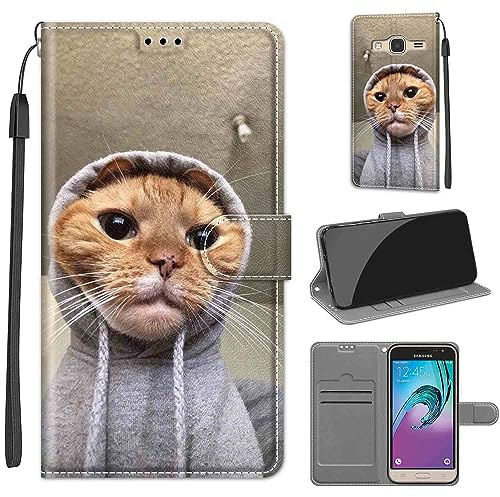 Handyhülle für Samsung Galaxy J3 2016 Hülle, Gelbe Katze | Standfunktion, Kartenfach, Magnetisch, Stoßfeste Schutzhülle, Flip Leder, Klapphülle