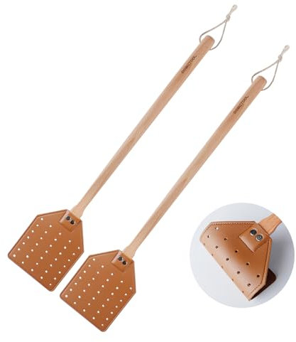 DEBETOOL Fliegenklatsche Set – 2 Stück Holz Leder Fliegenklatsche mit Seil zum Aufhängen, robuste Fliegenklatsche für drinnen und draußen (2 braun)