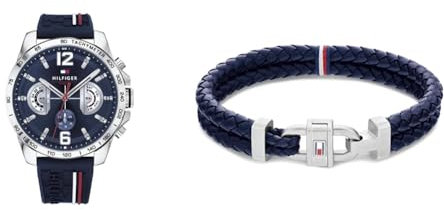 Tommy Hilfiger Montre Analogique Multifunction à Quartz pour Homme avec Bracelet en Silicone Bleu Marin - 1791476 & Jewelry Bracelet pour Homme en Cuir Bleu - 2790362