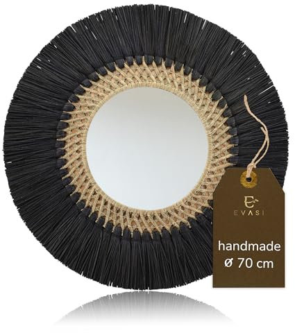 EVASI Wandspiegel Modell 70 cm Durchmesser - Handgefertigter Spiegel Mit Rahmen Aus Seegras Schwarz - Dekorativ in Stilvollem & Zeitlosem Design - Rund für Ihr Zuhause
