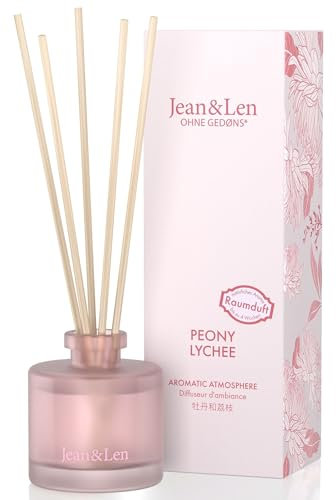 Jean & Len Aromatic Atmosphere Peony & Lychee, natürlich duftender Raumdiffusor, floraler Duft vom Parfümeur, hochwertiger Flakon, Raumduft mit Holz-Duftstäbchen, vegan, 50 ml