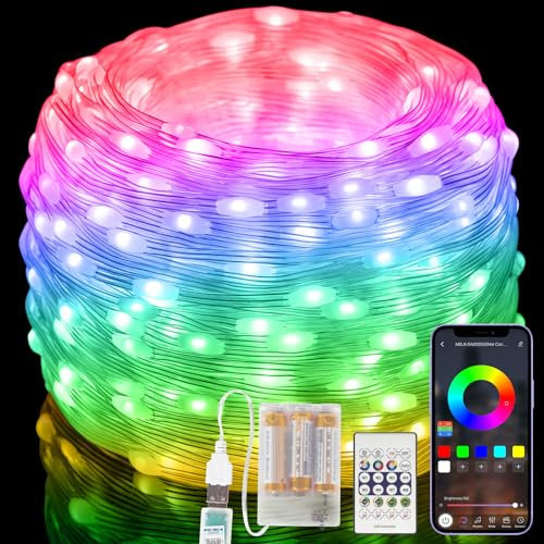Electight 15M RGB Tira LED Navidad Inteligente con Mando a distancia, Cadena de Luces Color, IP65 Impermeable, Sincronización Musical, para Interiores, Exteriores, Fiesta, Pilas Incluidas
