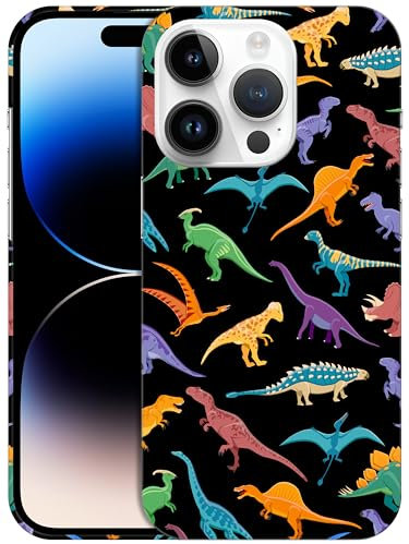 GlamCase for iPhone 14 Pro Case, iPhone 14 Pro Designer Case - Dinosaur Multicolor Pattern Design Printed Slim Fit Cute Plastic Hard Snap on Protective Designer Back Phone Case for iPhone 14 Pro.