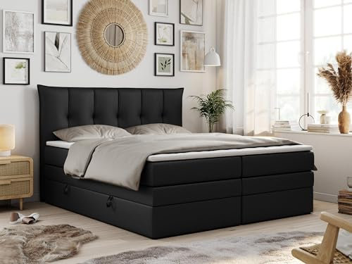 MKS MEBLE King Boxspringbett 200x200, Boxspringbett 200x200 mit Bettkasten und Matratze H3, Polsterbett 200x200 mit Matratze, Bett 200x200 mit Bettkasten - PREMIUM-10-KING- Schwarz Kunstleder - H3