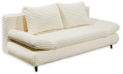 SUNNY 2 Bequemes Schlafsofa in Cord-Optik mit Bettkasten, Ivory - Ausziehbares Sofa mit Schlaffunktion und verstellbaren Armlehnen - 212 x 76 (88) x 101 cm (B/H/T)