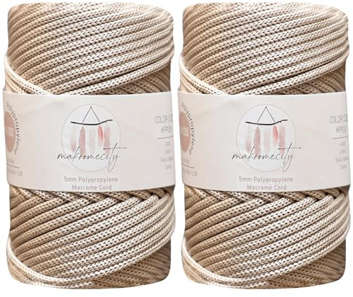Makromecity 2 Strang Makramee Garn 5mm x 95m Premium Polyester Makramee Schnur Polypropylene Basteln für Wandbehänge Umhängetasche Handtasche Runner Schnullerkette Platzteller (Latte)